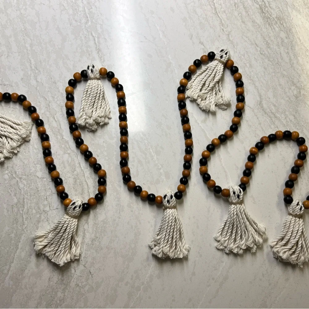 Wooden Halloween Garland 7Ft Ghosts Beaded Handmade Cottage Rustic Farmhouse